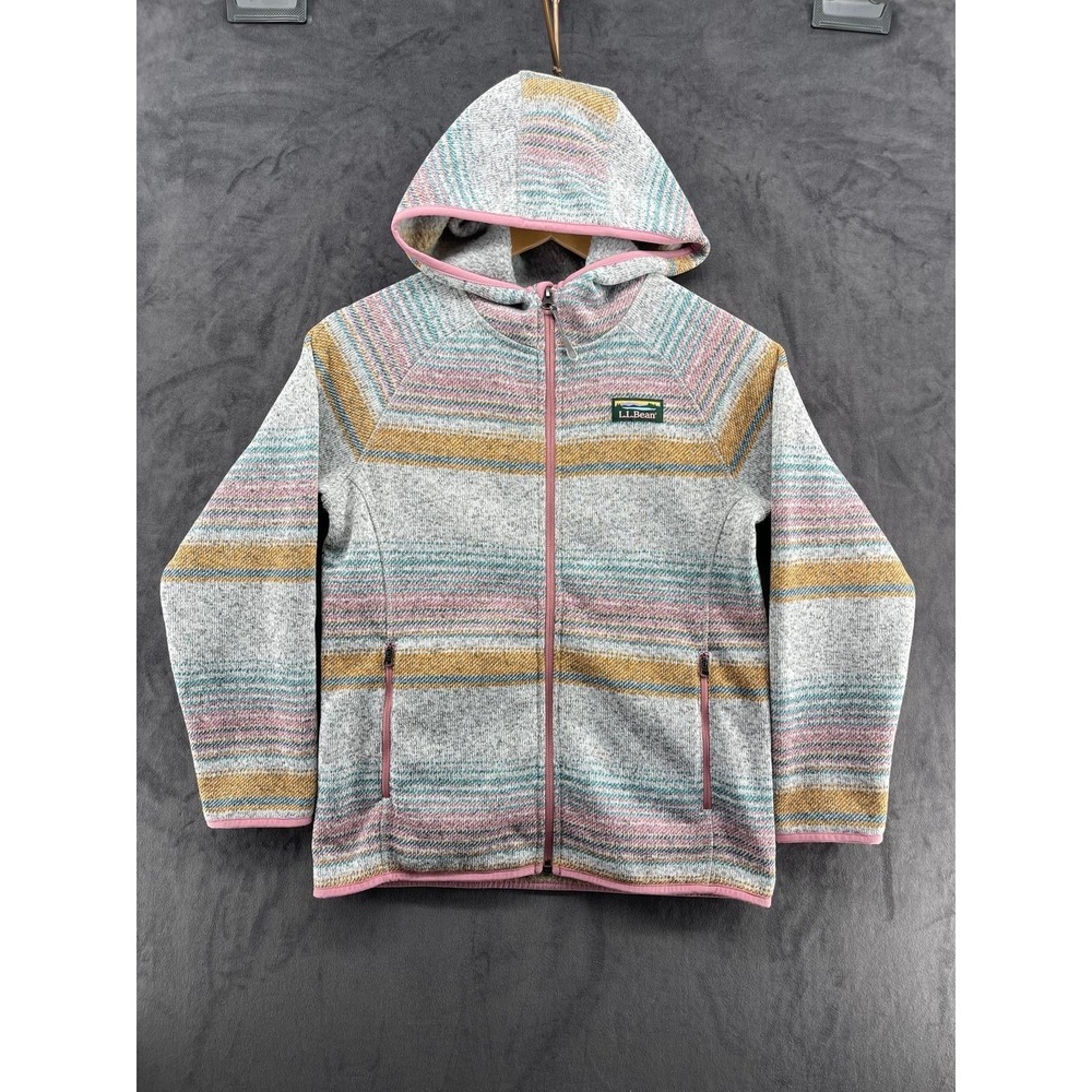 LL Bean Sweater Fleece Hoodie Kids M 10-12 Multi Color Striped Full Zip 518562